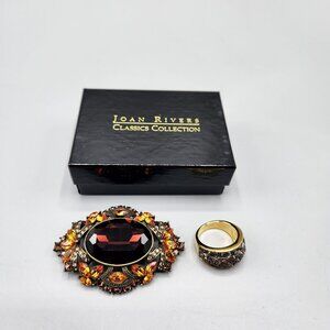 Joan Rivers Citrine Victorian Revival Brooch + Ring Gold Tone Signed w/ Box
